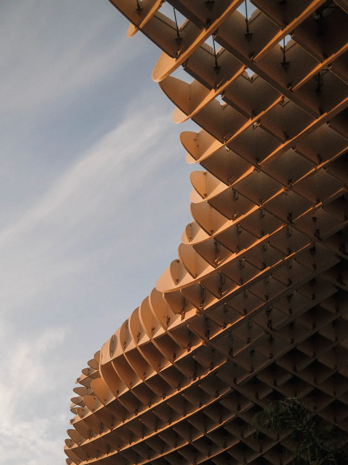 Geometric wooden architecture in warm evening light